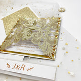 Luxury Champagne Gold Glittery Laser Cut Wedding Invite CILA004