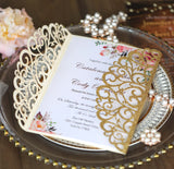 Luxury Champagne Gold Glittery Laser Cut Wedding Invite with Vellum Belly Band CILA051