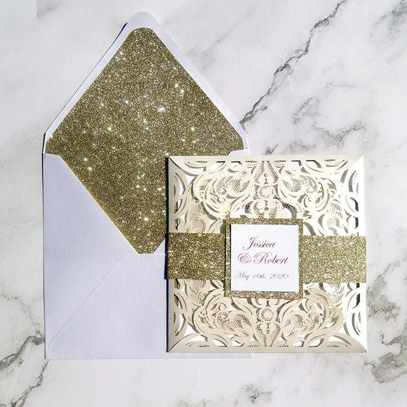 Ivory Shimmer Laser Cut Wedding Invite with Champagne Gold Glitter CILA019