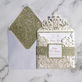 Ivory Shimmer Laser Cut Wedding Invite with Champagne Gold Glitter CILA019