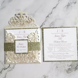 Ivory Shimmer Laser Cut Wedding Invite with Champagne Gold Glitter CILA019