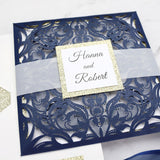 Navy Blue Champagne Glitter Laser Cut Wedding Invitation Cards CILA061