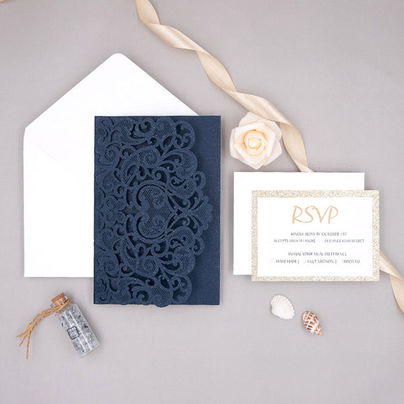 Navy Blue Shimmer Laser Cut Wedding Invitation With Champagne Gold Glitter CILA063