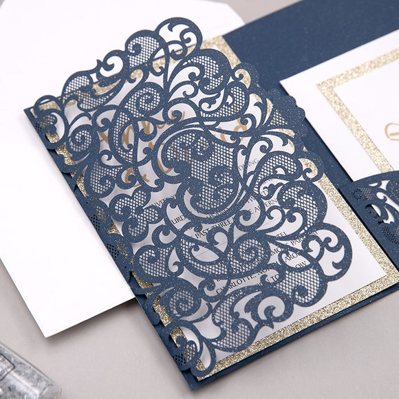 Navy Blue Shimmer Laser Cut Wedding Invitation With Champagne Gold Glitter CILA063