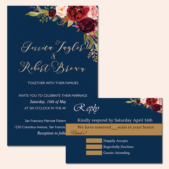 Navy Blue Burgundy Blush Pink Country Wedding Invitation CIA001