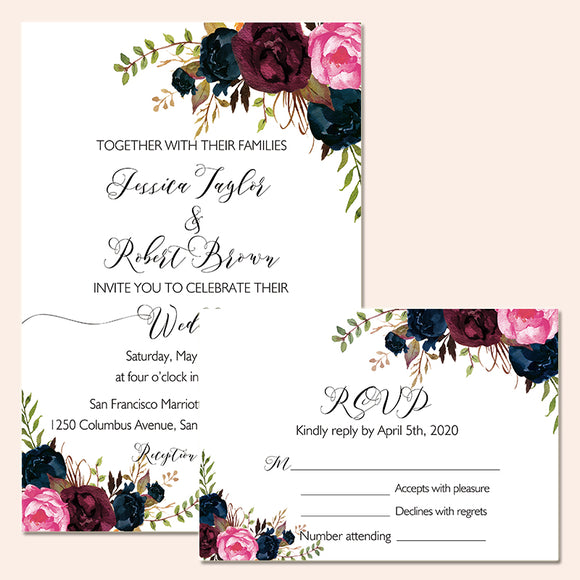 Navy Burgundy Floral Rustic Boho Wedding Invitation CIA004