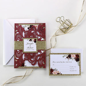 Romantic Burgundy Shimmer Laser Cut Wedding Invite with Floral Insert and Glittery Envelope CILA010