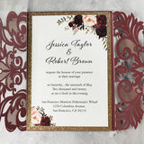 Romantic Burgundy Shimmer Laser Cut Wedding Invite with Floral Insert and Glittery Envelope CILA010