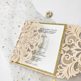 Romantic Blush Shimmer Laser Cut Wedding Invite with Rose Gold Glitter and Glittery Envelope CILA011