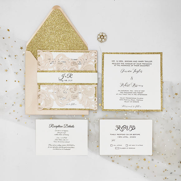 Romantic Blush Shimmer Laser Cut Wedding Invite with Rose Gold Glitter and Glittery Envelope CILA011