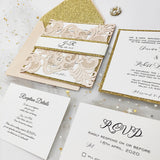 Romantic Blush Shimmer Laser Cut Wedding Invite with Rose Gold Glitter and Glittery Envelope CILA011