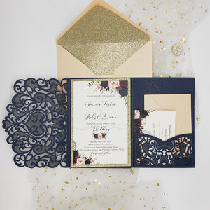 Navy blue Shimmer Laser Cut Wedding Invite with Floral Insert and Champagne Gold Glitter CILA042