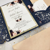 Navy blue Shimmer Laser Cut Wedding Invite with Floral Insert and Champagne Gold Glitter CILA042