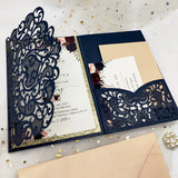 Navy blue Shimmer Laser Cut Wedding Invite with Floral Insert and Champagne Gold Glitter CILA042