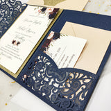 Navy blue Shimmer Laser Cut Wedding Invite with Floral Insert and Champagne Gold Glitter CILA042
