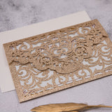 Rose Gold Glittery Laser Cut Wedding Invite with Floral Insert and Crystal CILA021