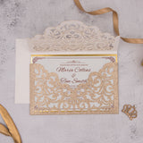 Rose Gold Glittery Laser Cut Wedding Invite with Floral Insert and Crystal CILA021