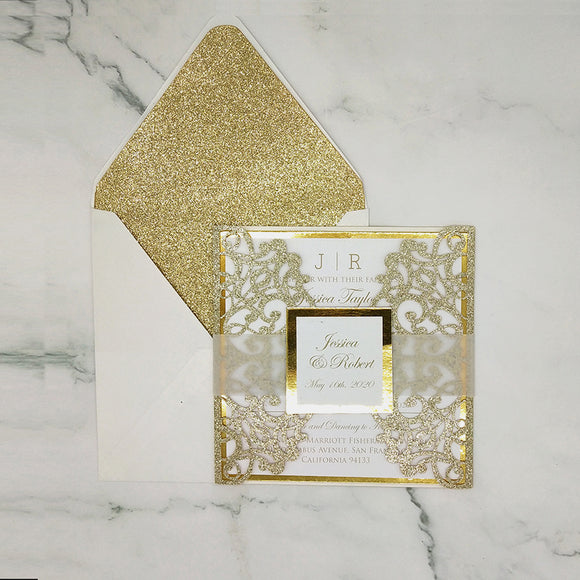 Champagne Gold Glittery Laser Cut Wedding Invite with Vellum Belly Band CILA014