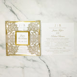Champagne Gold Glittery Laser Cut Wedding Invite with Vellum Belly Band CILA014