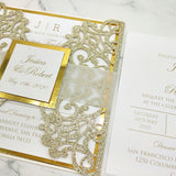 Champagne Gold Glittery Laser Cut Wedding Invite with Vellum Belly Band CILA014