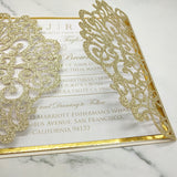 Champagne Gold Glittery Laser Cut Wedding Invite with Vellum Belly Band CILA014