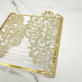 Champagne Gold Glittery Laser Cut Wedding Invite with Vellum Belly Band CILA014