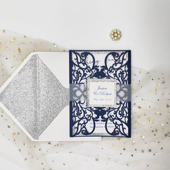 Simple Navy Blue Shimmer Laser Cut Wedding Invite with Silver Glitter and Glittery Envelope CILA031