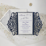 Simple Navy Blue Shimmer Laser Cut Wedding Invite with Silver Glitter and Glittery Envelope CILA031
