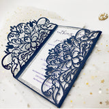 Simple Navy Blue Shimmer Laser Cut Wedding Invite with Silver Glitter and Glittery Envelope CILA031