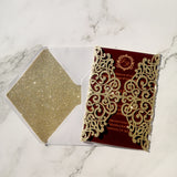 Champagne Gold Glittery Laser Cut Wedding Invite with Classic Burgundy Insert CILA009