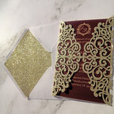 Champagne Gold Glittery Laser Cut Wedding Invite with Classic Burgundy Insert CILA009