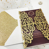 Champagne Gold Glittery Laser Cut Wedding Invite with Classic Burgundy Insert CILA009