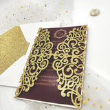 Champagne Gold Glittery Laser Cut Wedding Invite with Classic Burgundy Insert CILA009