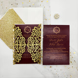 Champagne Gold Glittery Laser Cut Wedding Invite with Classic Burgundy Insert CILA009