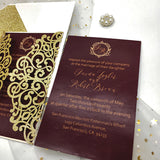 Champagne Gold Glittery Laser Cut Wedding Invite with Classic Burgundy Insert CILA009
