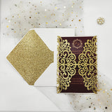 Champagne Gold Glittery Laser Cut Wedding Invite with Classic Burgundy Insert CILA009