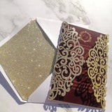 Champagne Gold Glittery Laser Cut Wedding Invite with Classic Burgundy Insert CILA009