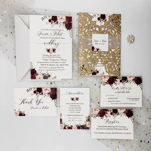 Sparkling Rose Gold Glittery Laser Cut Wedding Invite with Floral Insert CILA043