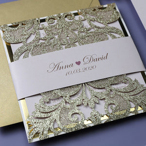 Stunning Champagne Gold Glittery Laser Cut Wedding Invitation with Classic Insert CILA064