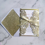 Champagne Gold Glittery Laser Cut Wedding Invite with Ribbon and CILA006