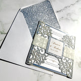 Silver Glittery Laser Cut Wedding Invite with Vellum Belly Band CILA001