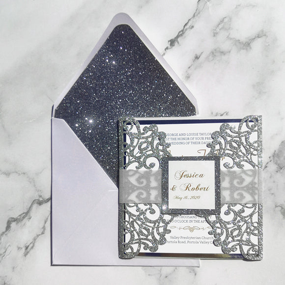 Silver Glittery Laser Cut Wedding Invite with Vellum Belly Band CILA001