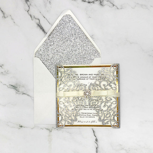 Stunning Silver Glittery Laser Cut Wedding Invite with Ribbon and Buckle CILA037