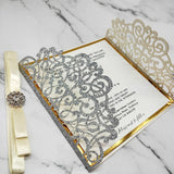Stunning Silver Glittery Laser Cut Wedding Invite with Ribbon and Buckle CILA037