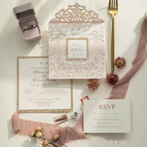 Stylish Blush Shimmer Laser Cut Wedding Invites with Rose Gold Glitter and Vellum Belly Band CILA049