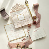 Stylish Blush Shimmer Laser Cut Wedding Invites with Rose Gold Glitter and Vellum Belly Band CILA049