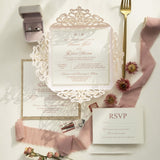 Stylish Blush Shimmer Laser Cut Wedding Invites with Rose Gold Glitter and Vellum Belly Band CILA049