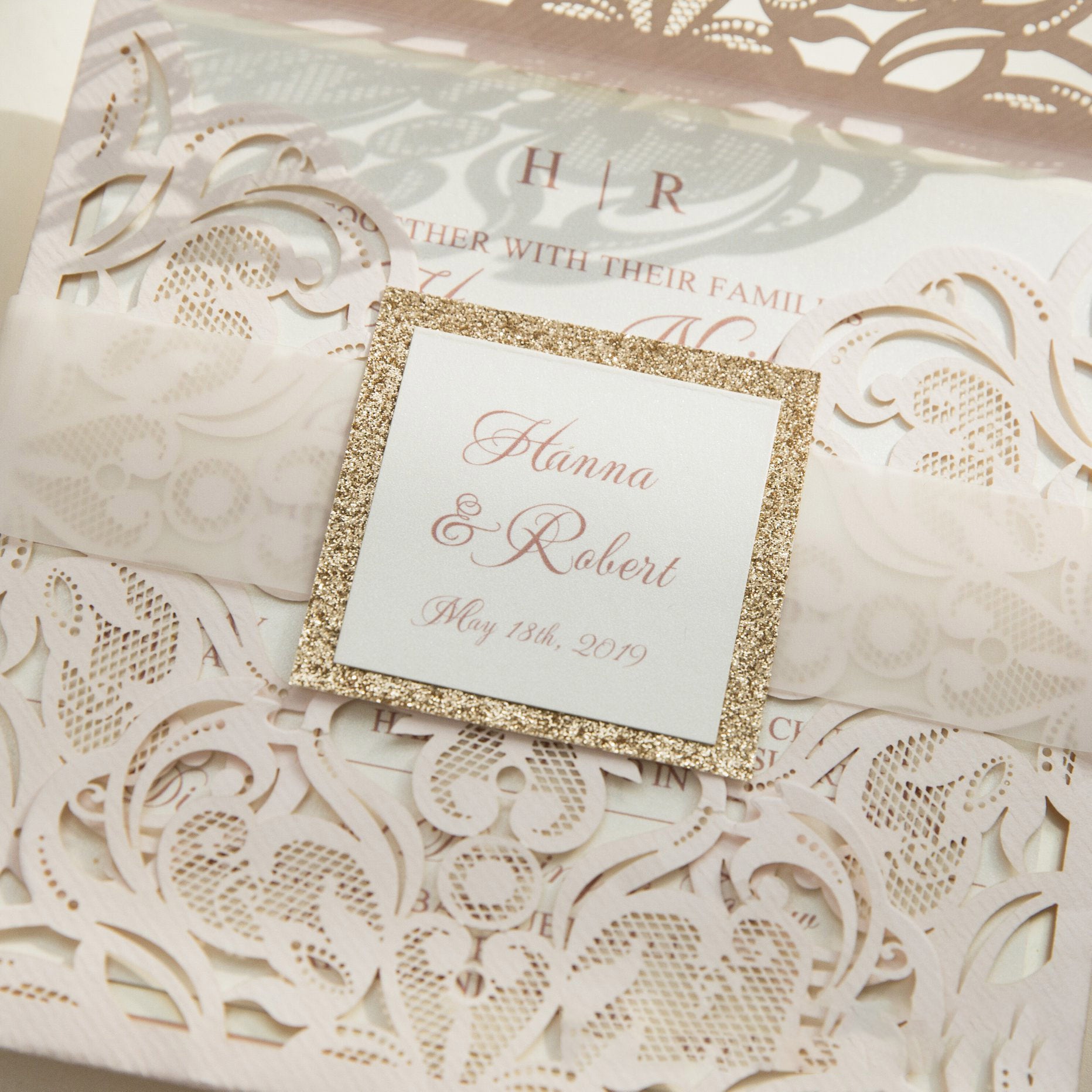 Elegant blush Wedding Invitations with Foil and Belly Band LCZ166