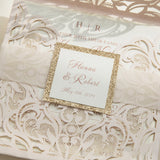 Stylish Blush Shimmer Laser Cut Wedding Invites with Rose Gold Glitter and Vellum Belly Band CILA049