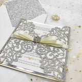 Stylish Silver Glittery Laser Cut Wedding Invite with Ribbon and Buckle CILA036